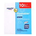 Close-up of Equate Flushable Wipes packaging with blue panel, 10x 48-count callout and 480 wipes badge