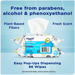 Promotional graphic of Equate Flushable Wipes with callouts: 'Free from parabens, alcohol & phenoxyethanol', 'Plant-Based Fibers' and 'Fresh Scent'.