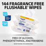 Promotional panel showing Equate flushable wipes three-pack with large text about fragrance free and alcohol/paraben free