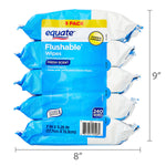 Front-facing stack of four Equate flushable wipe packs with size and '240 wipes' badge and measurement overlays