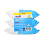 Front-facing Equate Flushable Wipes three-pack in blue resealable packaging showing brand and 144 wipes label.