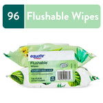Two stacked Equate flushable wipes packs with green botanical packaging and label.