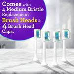 Promotional graphic showing four replacement brush heads with clear protective caps and text about included medium bristles