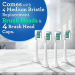 Four Equate replacement brush heads standing on a marble surface with text stating the pack comes with four medium bristle brush heads