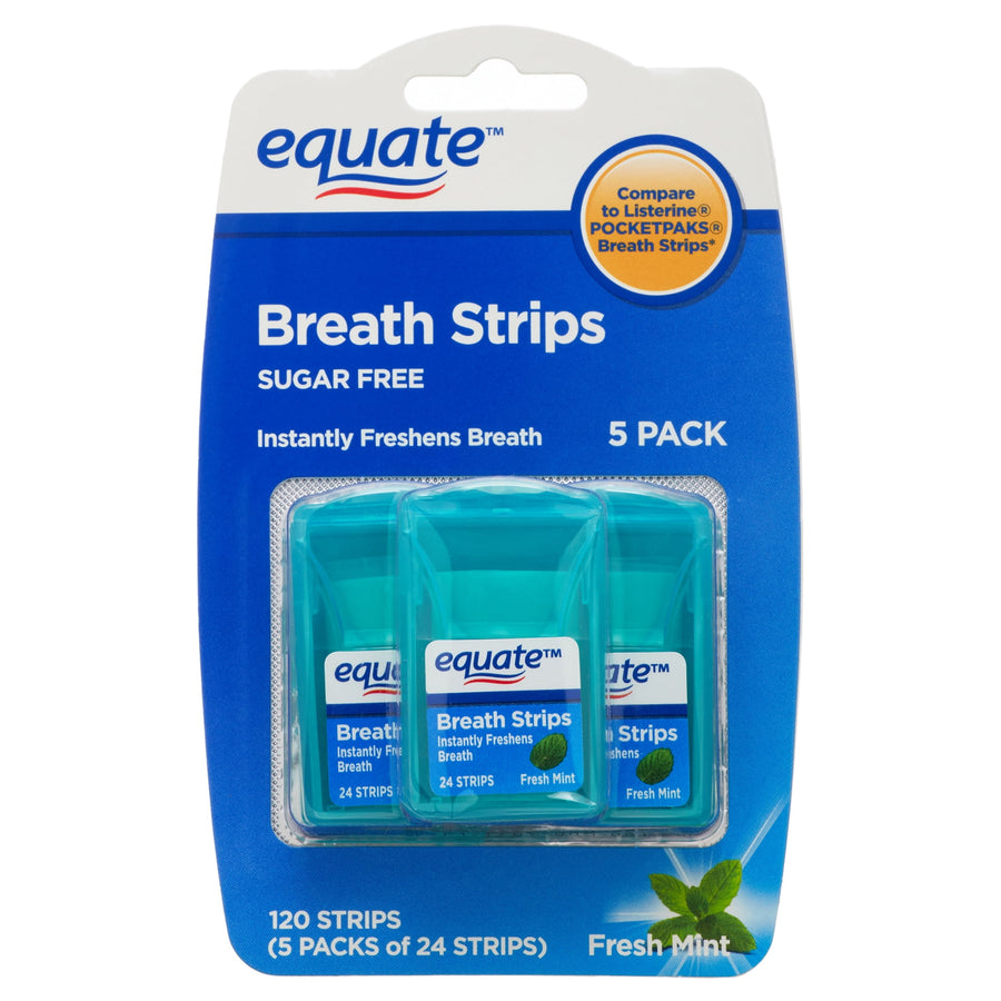 Packaged Equate Fresh Mint Breath Strips 5-pack blister card showing three turquoise strip cases and blue branded header.