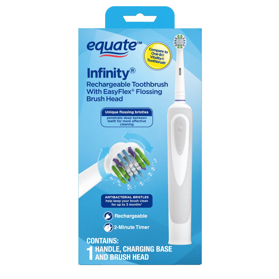 Equate Infinity rechargeable electric toothbrush packaged in blue retail box showing handle and brush head illustration.
