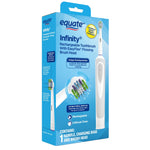Angled retail box of Equate Infinity rechargeable electric toothbrush showing product image and features on a blue background.