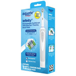 Retail packaging of Equate Infinity rechargeable toothbrush showing front and side panels with product imagery and feature callouts.