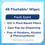Informational panel graphic listing '48 Flushable Wipes' and benefits like '100% Plant-Based Fibers' and 'Fresh Scent'