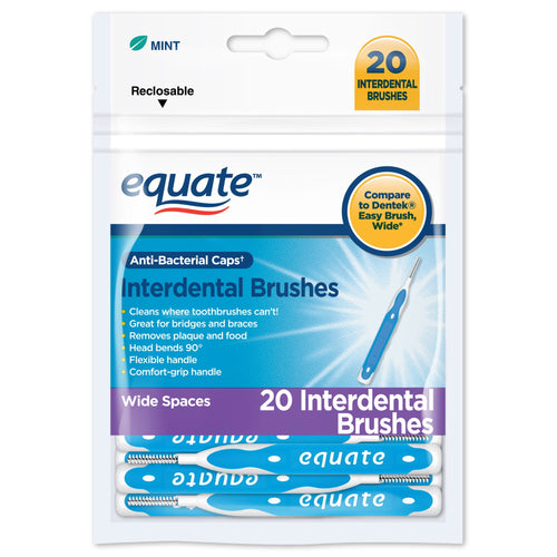Front of resealable Equate package showing blue interdental brushes, mint label and '20 Interdental Brushes' callout