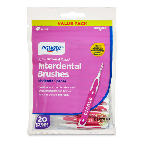 Front of resealable Equate interdental brushes value pack with pink graphics and visible brush handles.