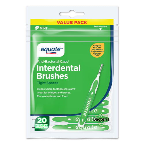 Green resealable pouch of Equate interdental brushes with product name, mint label and brush illustration