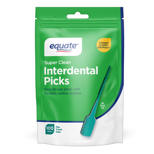 Front-facing product pouch for Equate Super Clean Interdental Picks showing brand, product name and a teal pick illustration.