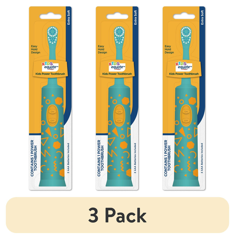Three identical packaged Equate kids battery-powered toothbrushes in blue-green with orange pattern shown as a 3-pack graphic.