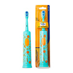 Blue-green Equate kids electric toothbrush shown loose and in blister pack with orange buttons and geometric pattern on handle.