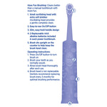 Packaging-style diagram showing numbered callouts and operating instructions next to an illustrated kids electric toothbrush.