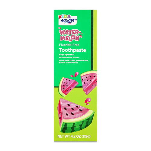 Green box of Equate Kids watermelon fluoride-free toothpaste with illustrated watermelon slices and net weight