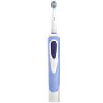 Close-up studio photo of a light blue and white Equate electric toothbrush handle with brush head attached on a white background.
