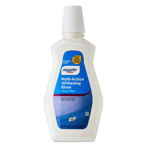 Front-facing bottle of Equate Multi-Action Whitening Rinse in clean mint with blue label on white background.
