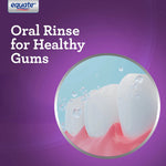 Purple branded graphic with stylized teeth and the text 'Oral Rinse for Healthy Gums' and small Equate logo.