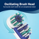 Close-up graphic of an oscillating round brush head showing green, blue and white bristles with motion arrows.