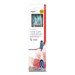Front view of Equate Brilliance Total Care retail packaging showing a toothbrush image, a window with replacement heads, and '2 pieces' label.