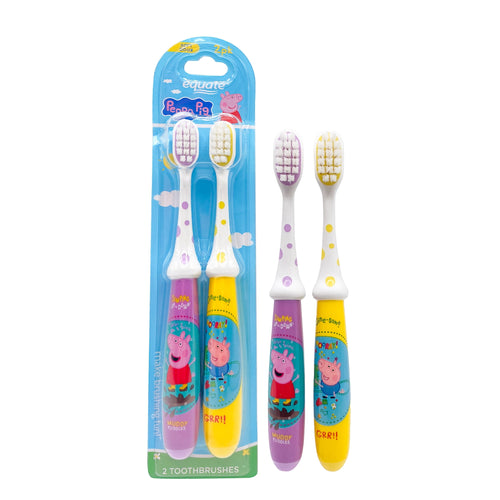 Two Peppa Pig themed kids toothbrushes in blue blister pack, one purple-handled and one yellow-handled.