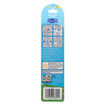 Back of blue blister card for Peppa Pig kids toothbrushes showing usage icons, instructions and barcode.