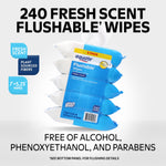 Promotional graphic showing stacked Equate flushable wipes packs and bold text highlighting 240 fresh scent wipes