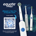 Promotional graphic showing Equate logo, a white Infinity power toothbrush and a QR code with a reorder callout