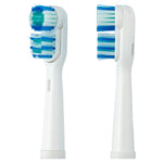 Two interchangeable Equate replacement brush heads shown front and side views with blue and green bristles.