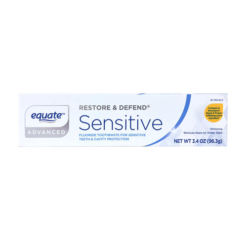 Front-facing box of Equate Restore & Defend Sensitive toothpaste with branding and net weight visible