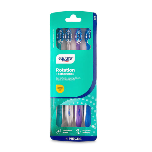Front of Equate Rotation toothbrushes retail package showing four soft-bristle brushes through windows