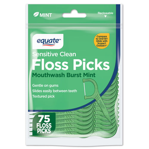 Front of a resealable green Equate Sensitive Clean Floss Picks package labeled Mouthwash Burst Mint with visible floss picks.