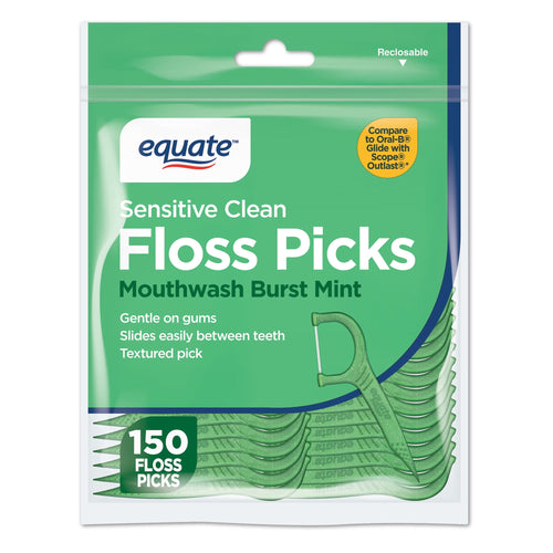 Front of resealable green Equate Sensitive Clean Floss Picks pouch showing product name and 150 count callout