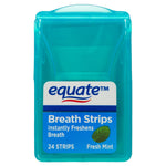 Front view of a single translucent turquoise Equate breath strips plastic case with product label and mint leaf icon.