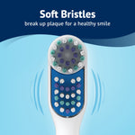 Graphic close-up of a toothbrush head with text calling out soft bristles and illustrated vibration lines.