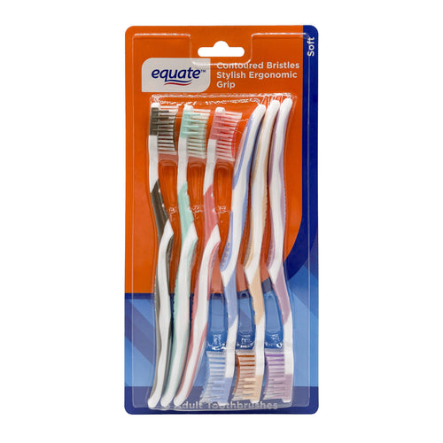 Blister pack of six Equate soft toothbrushes with multicolored handles in orange and blue retail card