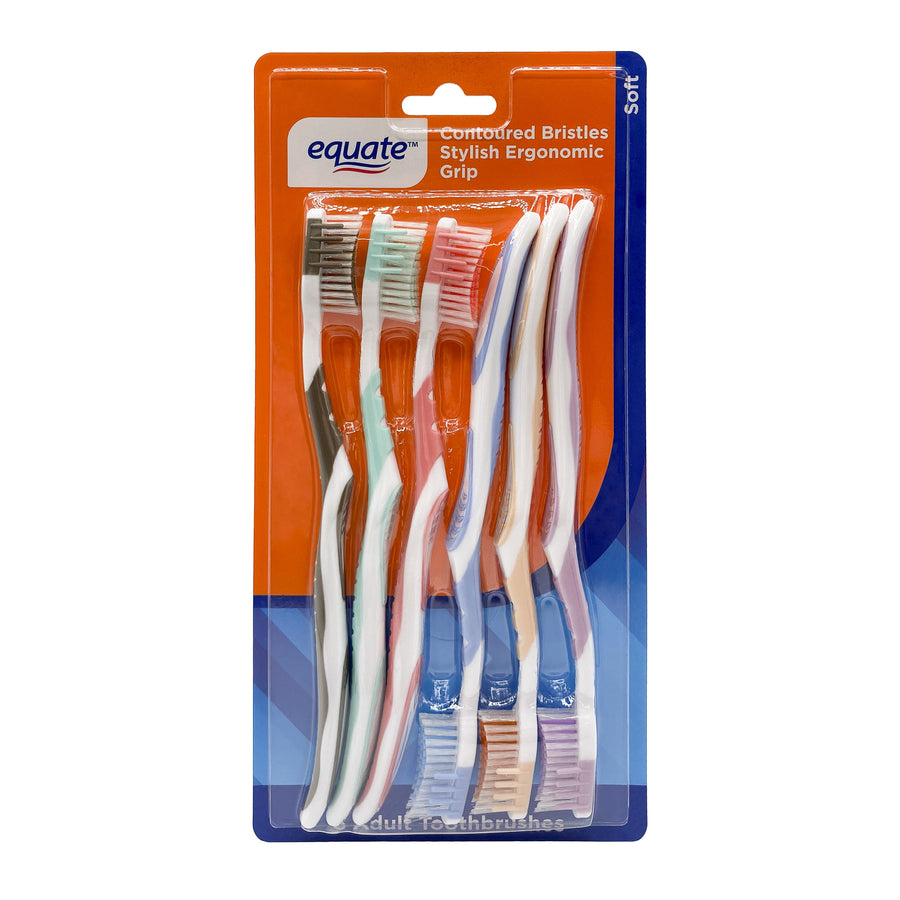 Blister pack of six Equate soft toothbrushes with multicolored handles in orange and blue retail card