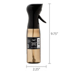 Amber spray bottle with black top shown with printed height and width dimension lines