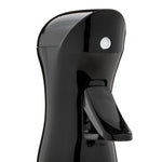 Close-up of glossy black continuous spray bottle top and lever showing the nozzle button