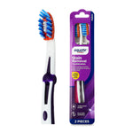 Equate Stain Removal toothbrush shown next to its purple retail blister pack, white handle with purple accents.