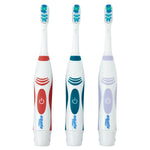 Three Equate electric toothbrush handles in red, teal and lavender color accents shown side-by-side on white background.
