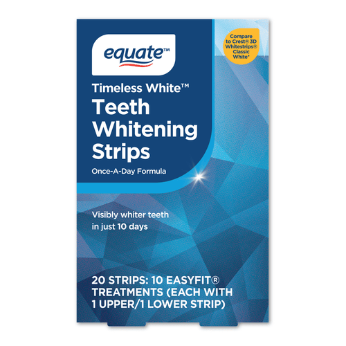 Front-facing Equate Timeless White teeth whitening strips retail box with blue geometric design and product name
