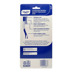 Back of Equate toothbrush blister card with printed product features, instructions and barcode on white and blue panel