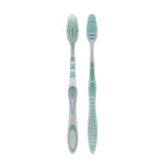 Two Equate manual toothbrushes shown front and back with white and mint green ergonomic handles and textured grips