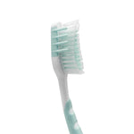 Close-up side view of an Equate toothbrush head showing layered contoured bristles and a white mint green handle