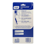 Back panel of Equate toothbrush packaging with product features, usage instructions and barcode on white and blue card