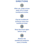 Directions panel with numbered steps instructing how to shake, clip, rinse and replace the toothbrush protector