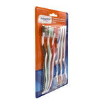 Angled view of Equate six-pack toothbrush blister pack showing multicolored contoured-bristle brushes in clear plastic